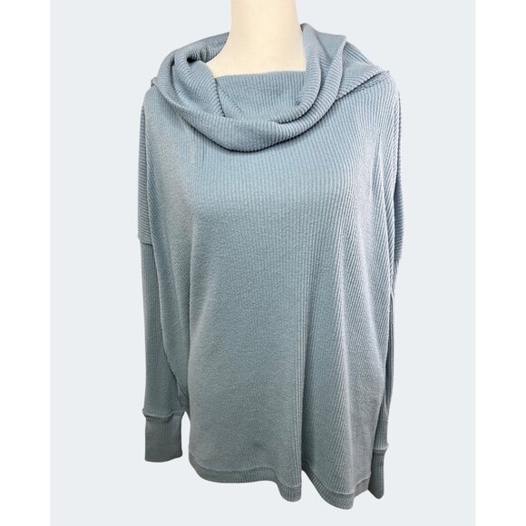 Free People Juicy Ribbed Dusty Blue Cowl Neck Sweater Loose Fit Small - Picture 13 of 14